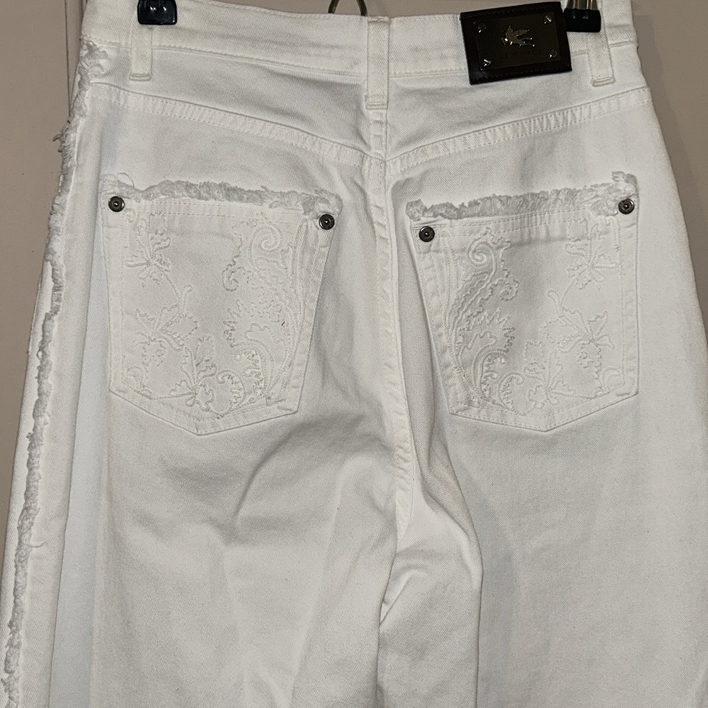 Rare ETRO Sz 27 x 34 white cotton embroidered wideleg Jean fringe edge hi waist - Picture 10 of 15